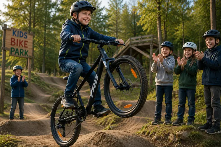 Ein Kind fährt im Bikepark vor seinen applaudierenden Freunden auf dem Hinterrad über ein Hindernis. Er ist stolz und hat Spass