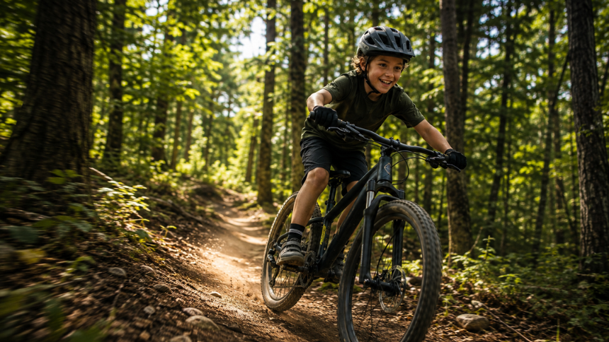 Kind fährt mit Helm auf einen Mountainbike im Stadtwald einen Pfad hinunter und hat sehr viel Spass dabei. Das MTB passt perfekt zu seiner Körpergröße.