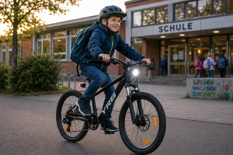 Ein Junge fährt im Herbst mit Rucksack, Helm und Licht am Mountainbike vor seiner Schule. Er hat Spass, denn sein Mountainbike ist cool