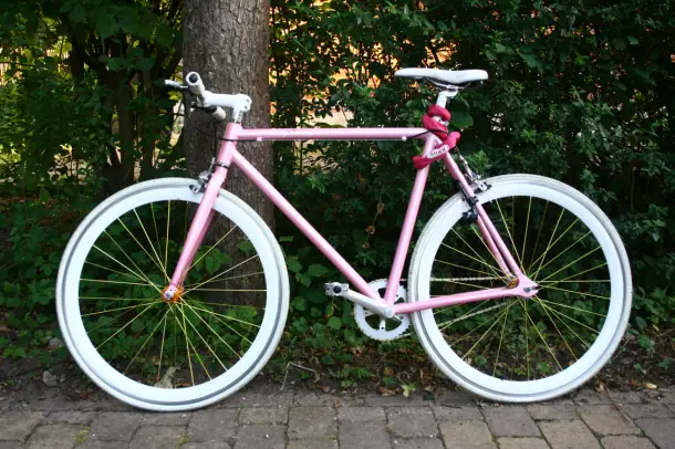 Rosa Singlespeed Rad steht vor Bäumen
