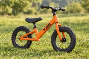 12 Zoll Kinder Laufrad in orange der Marke YRB auf einer Wiese